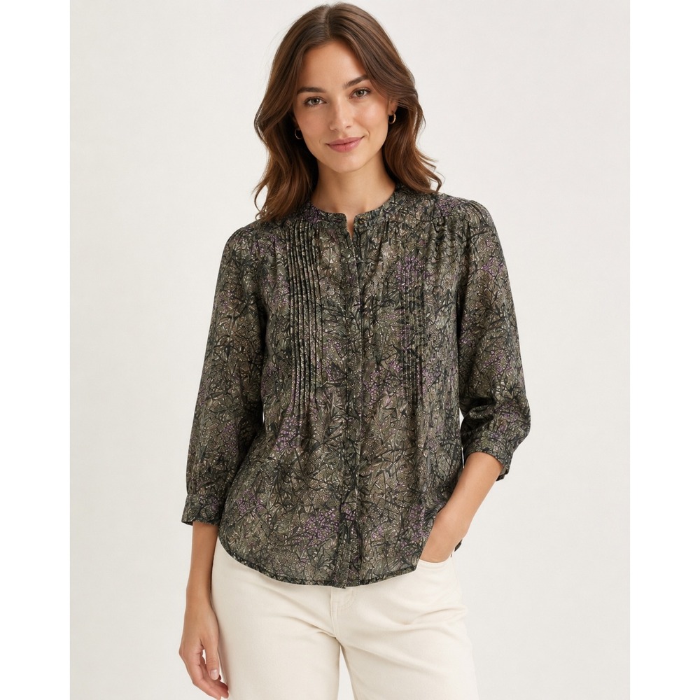 Eliot Womens XS Floral Pintuck Blouse Olive Purple 3/4 Sleeve Band Collar Top